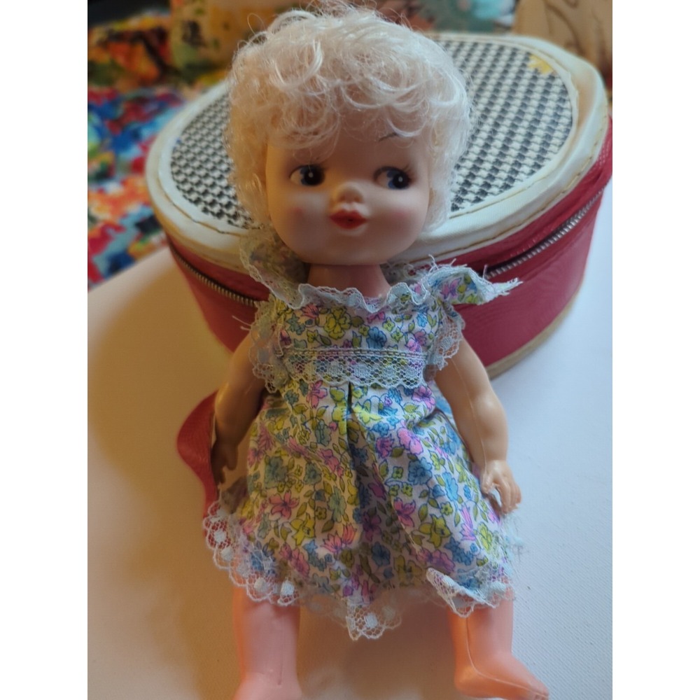 Vintage Baby Doll Toy with Floral Dress and Bloomers, Blonde Hair